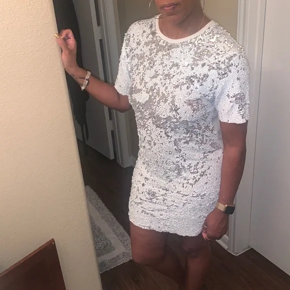 White sequin T-shirt dress